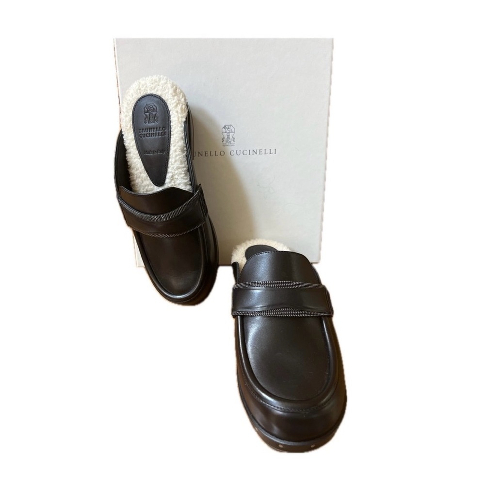 Brunello Cucinelli Embellished Leather Shearling Clogs  37 - Picture 3 of 16